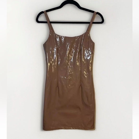 NEW Forever 21 Latex Sexy Mini Dress Faux Leather Tan stretchy Bodycon Small - Picture 1 of 4